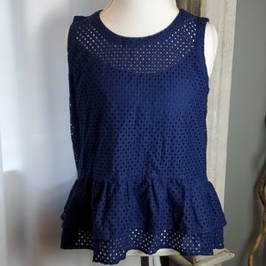 A.N.A NAVY BLUE SLEEVELESS EYELET BLOUSE SIZE LARGE